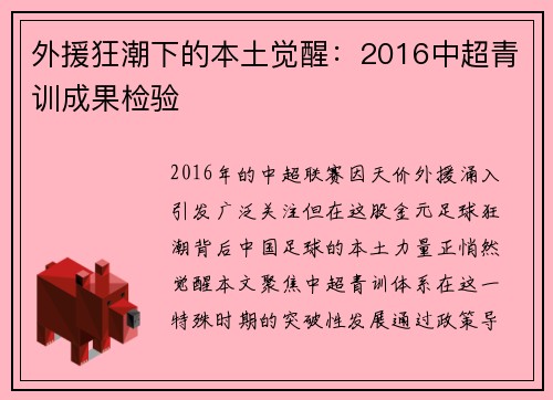 外援狂潮下的本土觉醒：2016中超青训成果检验